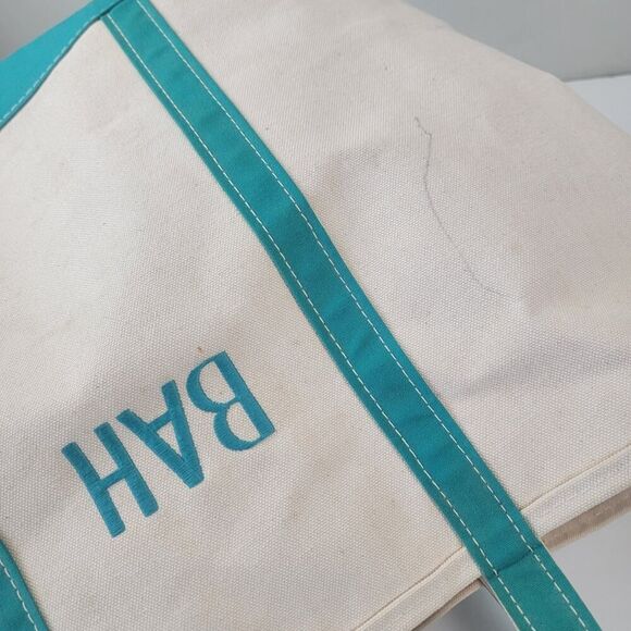Vintage L.L. Bean Boat & Tote Canvas Blue Green Cream‎ Bag Large Top Handle - Picture 14 of 16